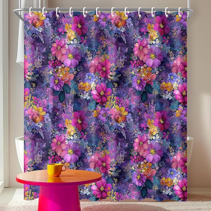 Floral Shower Curtain 72x72 Inch Fabric Bathroom Curtain Purple Flower Print for Boho Bathroom Decor