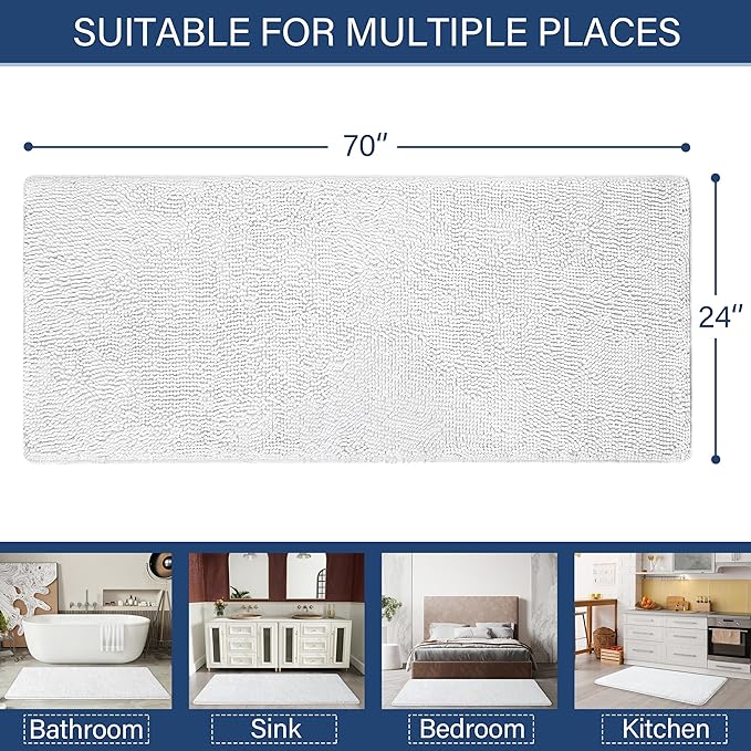 LOCHAS Luxury Bathroom Rug Shaggy Bath Mat 24 x 70 Inch, Washable Non Slip Bath Rugs for Bathroom Shower, Soft Plush Chenille Absorbent Carpets Mats, White