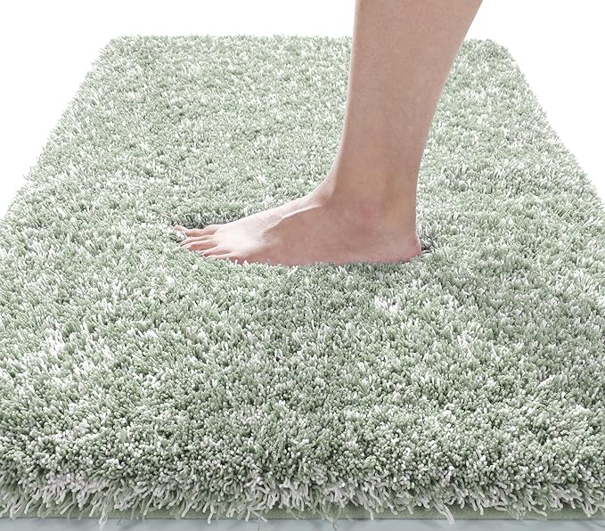 Yimobra Luxury Bathroom Rugs, Fluffy Bath Mats, Non Slip, Water Absorbent Microfiber, Machine Washable, Plush Runner Shower Rugs, Thick Matts for Bathroom Floor&Tub, 60"x 24", Light Green and White