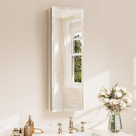 TETOTE 12 x 36 Bathroom Vanity Mirror Cabinet with Tempered Beveled MirrorSilverMedicine Cabinet Aluminum Cabinet DTC Hinges, Stepless Adjustable Shelves, Recessed/Surface-Mounted