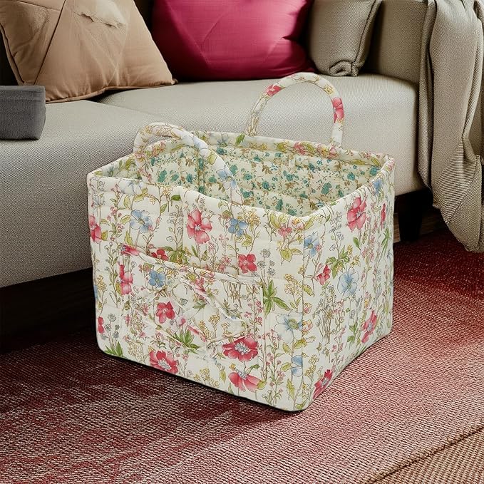 Quilted Laundry Basket with Handles, Aesthetic Collapsible Fabric Storage Basket for Clothes, Diapers & Toys - Multi-Purpose Boho Organizer Tote for Car, Home & Picnic (F)