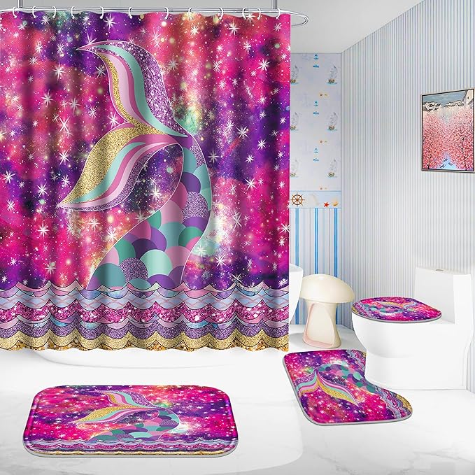 Poedist 4 Pcs Bathroom Shower Curtain Set,Kid's Bathroom Set,Mermaid's Tail Shower Curtain Sets with Rugs(Bath Mat,U Shape and Toilet Lid Cover Mat) and 12 Hooks