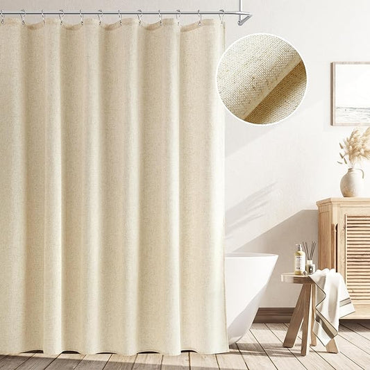 Naturoom 84 Inch Linen Shower Curtain, Extra Long Weighted Thick Fabric Bath Shower Curtain Set with Hooks, XLong Tall Country Farmhouse Beige Cloth Curtains for Bathroom, 72x84，Cream Beige