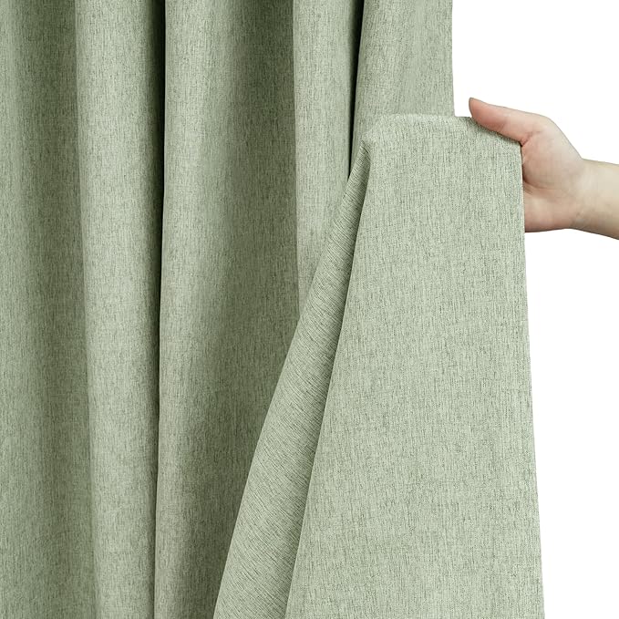Natural Sage Green Linen Look Fabric Shower Curtain, Heavy Duty Faux Linen Textured Shower Curtain Water-Resistant, 72 x 72 Inch Soothing Forest Green Farmhouse Bathroom Decor Shower Curtains