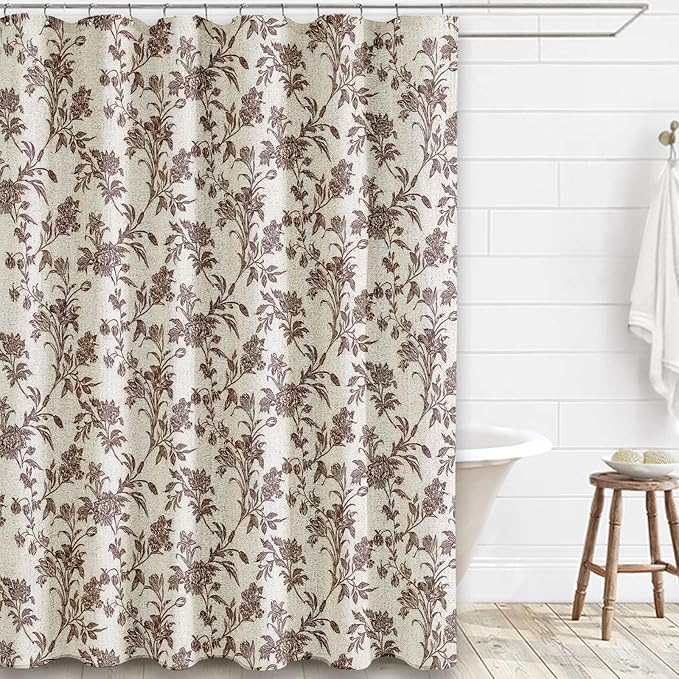 Extra Long Brown Shower Curtain Floral Cotton Linen Cottagecore Shower Curtain for Bathroom 84" L x 72" W