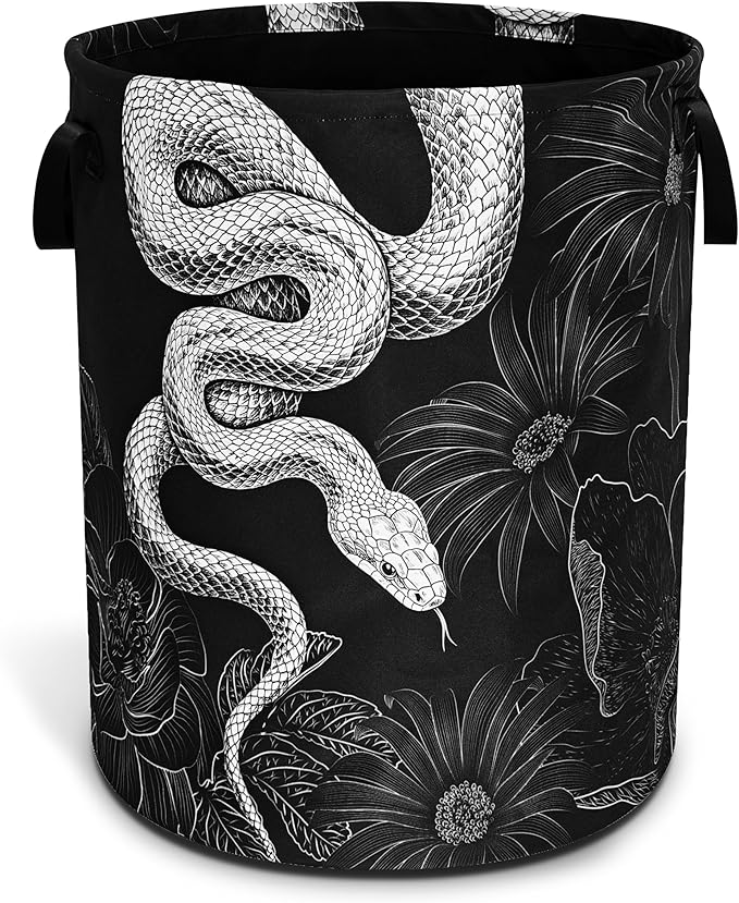 Snake Laundry Basket Floral Prints Funny Foldable Waterproof Oxford Cloth Tote Bag Laundry Hamper Round Large Clothes Storage Bucket Toy Organizer For Bathroom/Laundry Storage/Bedroom 18.9x16.5 Inch