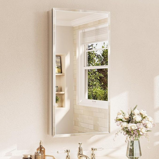 TETOTE 20 x 40 Bathroom Mirror with Storage with Tempered Beveled MirrorSilverMedicine Cabinet Aluminum Cabinet DTC Hinges, Stepless Adjustable Shelves, Recessed/Surface-Mounted
