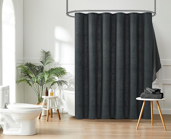 Luxury Dobby Weave Heavy Weight CVC Poly Cotton Blended Fabric Shower Curtain Elegant Hotel Style Fabric for Bathroom, Water Repellent, Machine Washable Dark Gray Charcoal 70x72