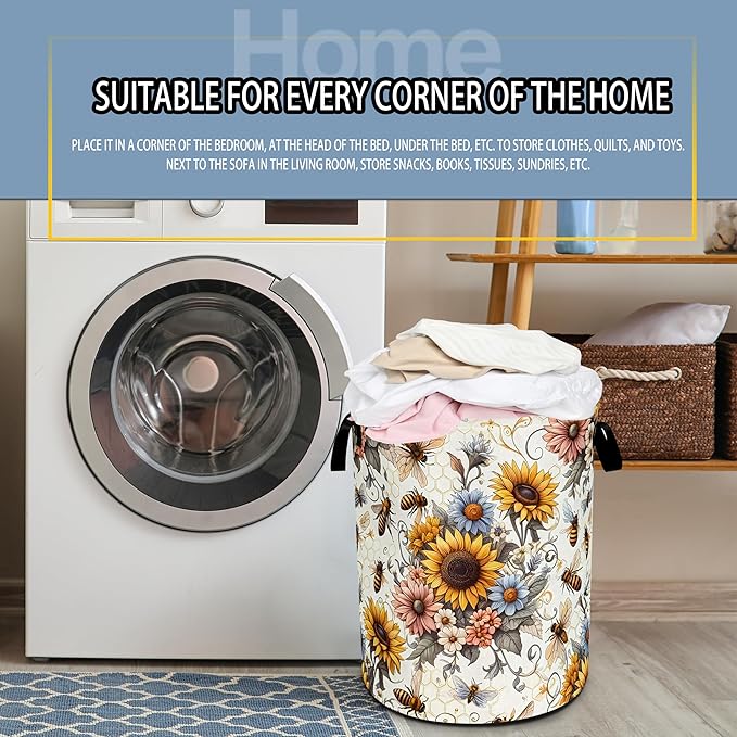 NUTAINLA Bee Sunflower Laundry Basket Flower Foldable Oxford Cloth Funny Tote Bag Laundry Hamper Clothes Storage Bucket Toy Organizer For Bathroom/Laundry Storage/Bedroom 18.9x16.5 Inch