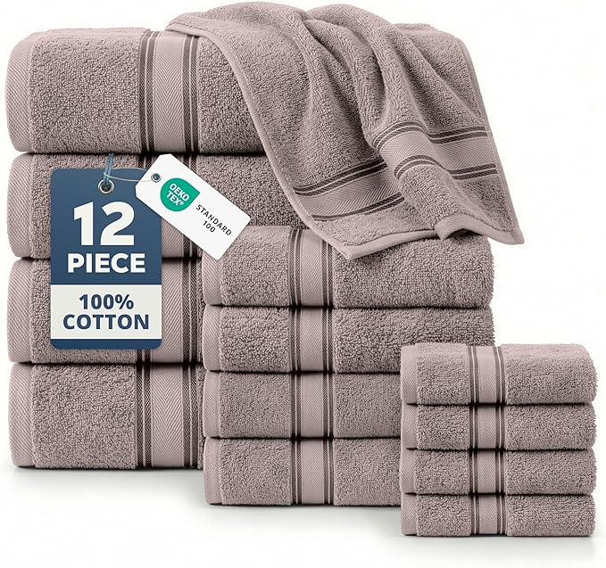LANE LINEN 100% Mercerized Cotton Bath Towel Set of 12 – Zero Twist Shower Towels, 4 Bath, 4 Hand Towel & 4 Washcloths, Quick-Dry, Luxuriously Soft & Durable, Perfect for Everyday use – Platinum