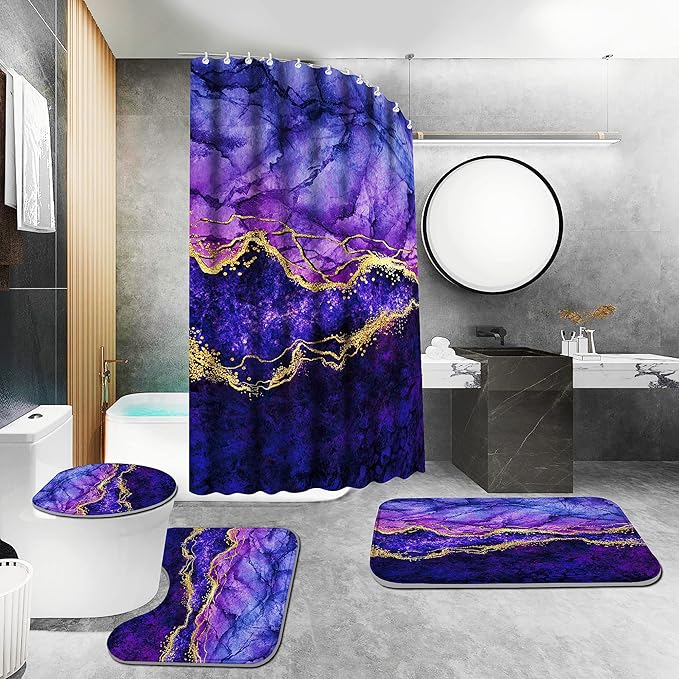4 Piece Bathroom Set with Shower Curtain and Rugs, Gold Purple, Incl 12 Hooks, Soft Bath Mat, U-Shaped Floor Mat, Toilet Lid Oval Rug