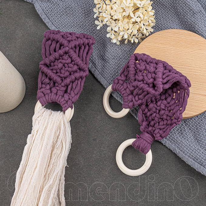 Framendino, 2 Pack Kitchen Crochet Towel Hanging Rings Macrame Dish Loop Holder for Cabinets Oven Door (Purple)