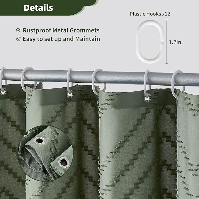 Boho Extra Long Sage Green Shower Curtain with Tassel, Woven Fabric, Tufted Chevron Striped, 72 x 78, Modern Chic Textured Minimalist