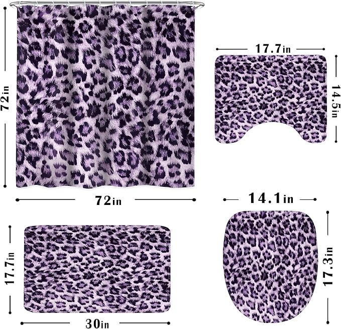 LIGHTINHOME 4 PCS Black Purple Leopard Shower Curtain Set 72Wx72H,Toilet Lid Cover,Non-Slip Rugs and U-Shaped Mat,Wild Cheetah Bathroom Sets with Rugs Shower Accessories 12 Hooks for Bathroom Decor