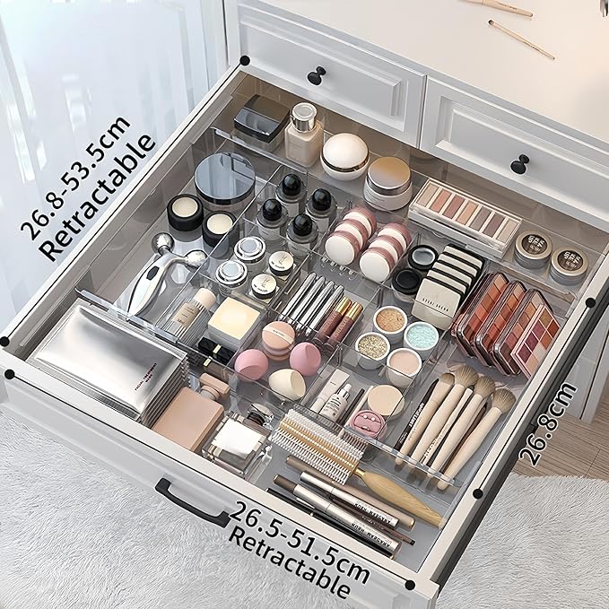 Removable Drawer Storage Box with Four Sides - Multi-Function Storage Box for Organizing Make-up, Kitchen Utensils, Bathroom and Desktop Drawers (Clear)