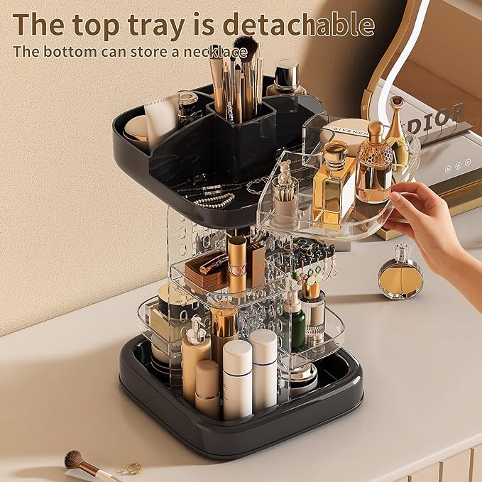 360 Rotating Makeup Organizer for Vanity & Countertop, Clear Adjustable Height Tiered Cosmetic and Skincare Storage, Spinning Perfume and Brush Holder, Jewelry Accessories Desktop Organizer, Black