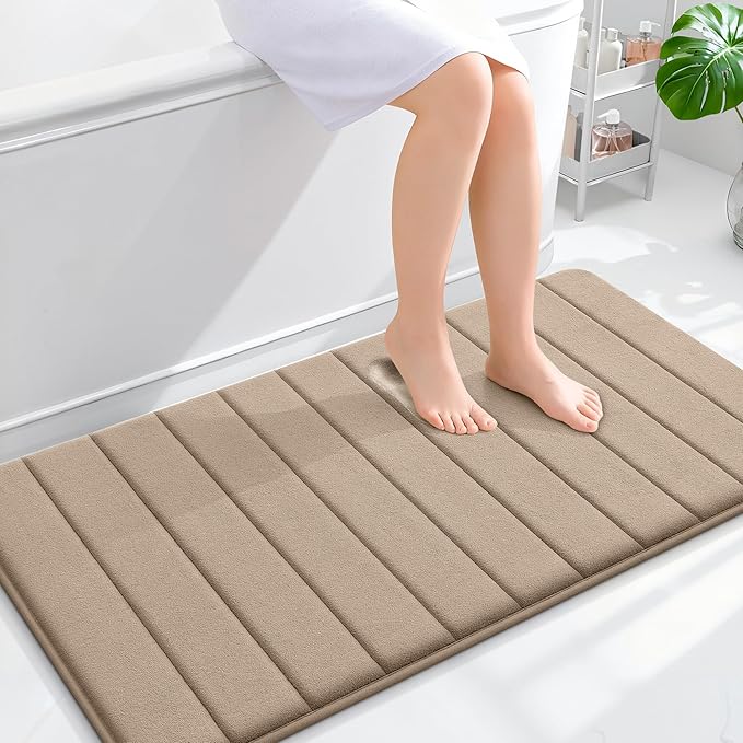 OLANLY Memory Foam Bath Mat 44x24, Super Soft Absorbent Bathroom Rugs, Quick Dry, Machine Washable Shower Floor Rugs, Bathmat Carpet, Bathroom Home Decor Accessories, Tan