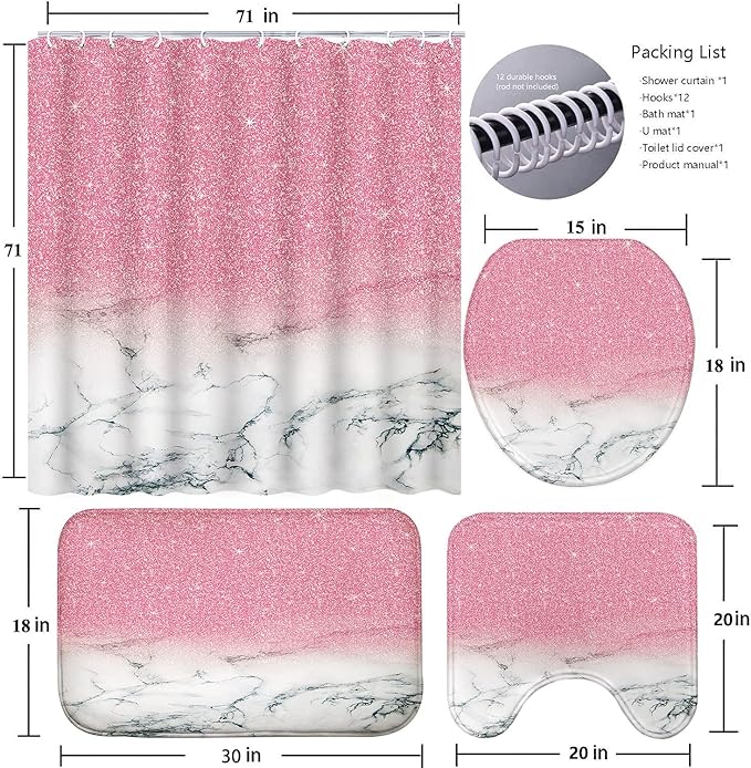 4 Piece Bathroom Shower Curtain Set with Rugs, Pink Marble Shower Curtain Sets with 12 Hooks, Non Slip Bath Mat, U-Shaped Floor Mat and Toilet Lid Oval Rug for Bathroom Set Decor