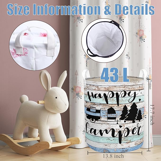 Happy Camping Laundry Basket Foldable With Handles Tote Bag Waterproof Oxford Cloth Blue Funny Laundry Hamper Clothes Storage Bucket Toy Organizer 43L For Bathroom/Laundry/Bedroom (Camping, 43L)