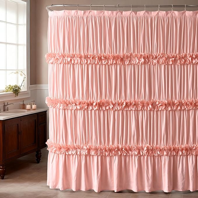 Extra Wide Shower Curtain 108" W x 72" L, Vintage Handcrafted Bow Tie Bath Curtain for Bathroom and Clawfoot Tub, Victorian Ruffle Bathroom Curtain with 18 Buttonholes, Peach (LQ-10)
