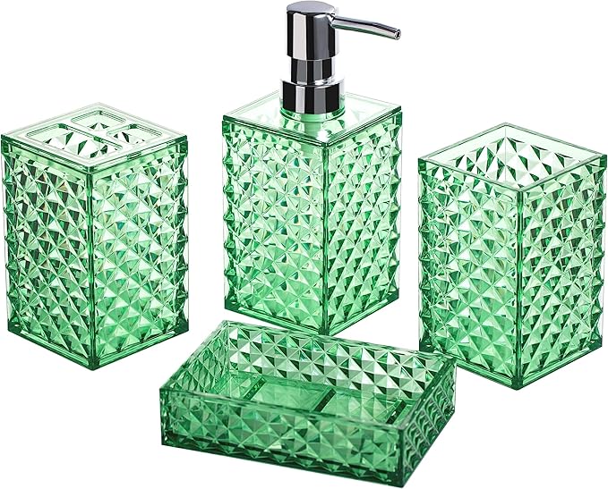 Bathroom Accessory Set, 4 PCS Green Bathroom Accessories Sets, Diamond Pattern Bathroom Soap Dispenser and Toothbrush Holder Sets Accessories Contain Soap Dish Tumbler, Boho Bathroom D??cor