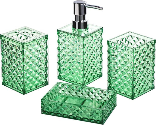 Bathroom Accessory Set, 4 PCS Green Bathroom Accessories Sets, Diamond Pattern Bathroom Soap Dispenser and Toothbrush Holder Sets Accessories Contain Soap Dish Tumbler, Boho Bathroom D??cor