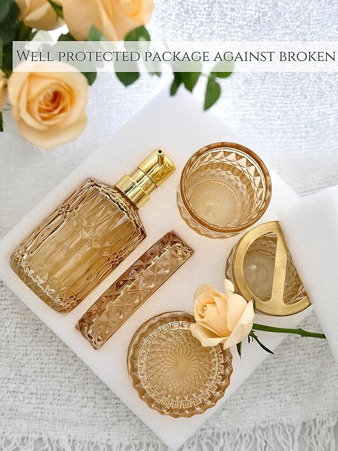 LaMarriti Clear Gold Bathroom Accessorries Set, 5Pcs Glass Bathroom Accessories, Lotion Soap Dispenser, Toothbrush Holder Set, Soap Dish, Tumbler, Qtips Holder for Bathroom Vanity Decor, Yellow Gold