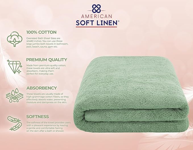 American Soft Linen 100% Cotton 600 GSM Turkish 40x80 Oversized Bath Towel Sheet, Extra Large Adult Towels for Bathroom, Sage Green