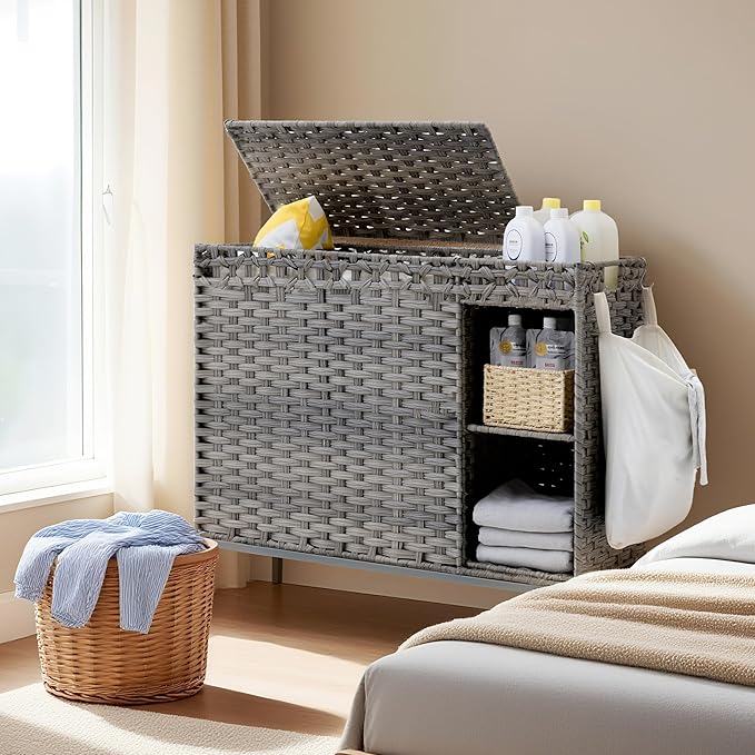 Gitelsnour Laundry Hamper with Lid, 130L (34.4 Gal) Rattan Laundry Hamper 3 Section with 50L(13.2 Gal) Storage Shelf, Wicker Woven Laundry Sorter Basket with 4 Liner Bags and Handles, Natural GLH003N