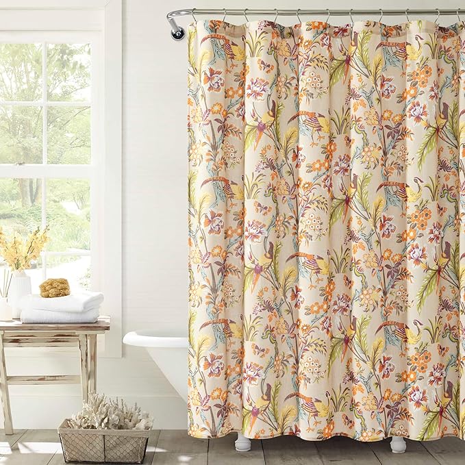 Lush Decor Dolores Linen Textured Shower Curtain Single 72" W x 72" L Neutral & Multi - Floral Shower Curtains for Bathroom - Bathroom Curtain