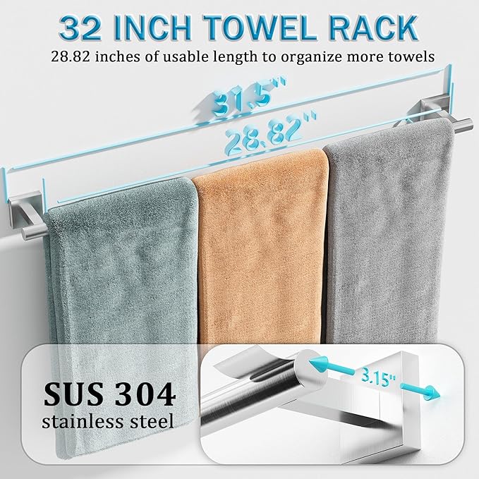Alise 32 Inch Bathroom Towel Bar, SUS304 Stainless Steel Towel Racks for Bathroom, Towel Rack Wall Mounted Heavy Duty Hand Towel Holder Single Towel Bar, Brushed Nickel