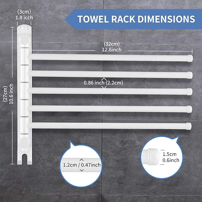 Swivel Towel Rack, 12.6 Inch Towel Bar with Wall Mounted 180° Rotation, 5 Arms Towel Hanger SUS 304 Stainless Steel, Space Saving for Kitchen, Bathroom, Outdoor, White