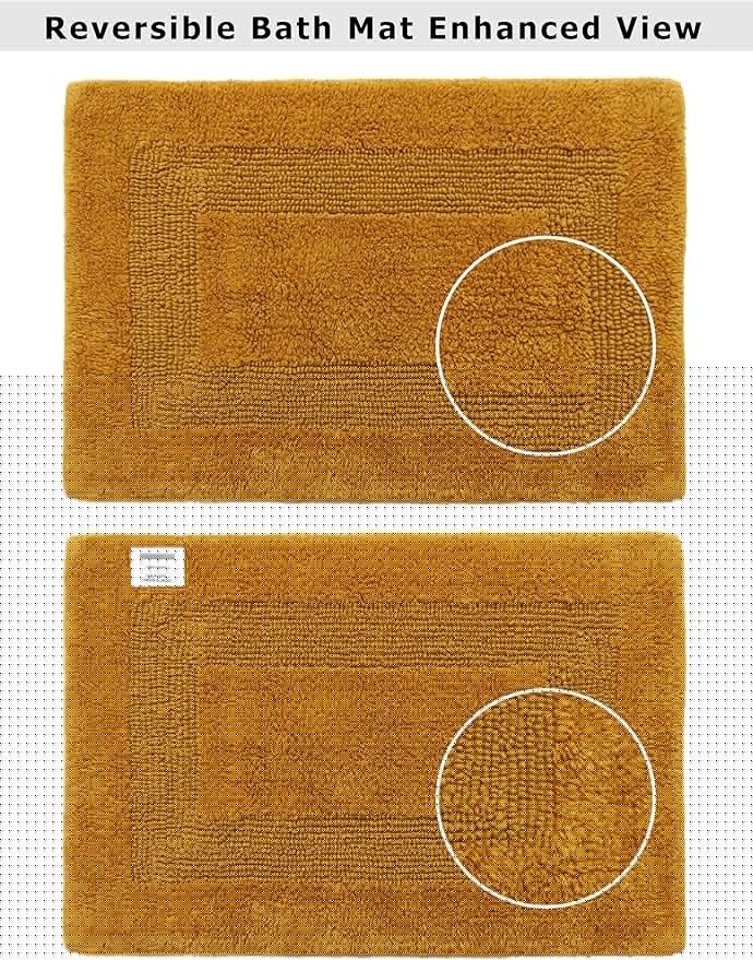 COTTON CRAFT Luxurious Bathmat Rug - Set of 2 Reversible Heavyweight Step Out Bath Mats for Bathroom Floor, Tub and Shower - Pure Cotton Soft Plush Absorbent Tufted Racetrack Mat - 17x24 - Golden Rod