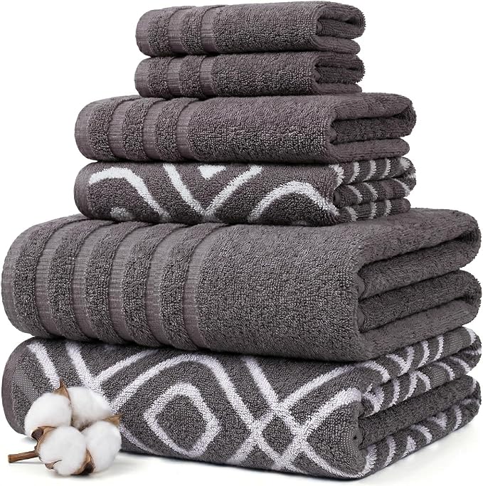 Modern Threads Classic Diamond 6-Piece 100% Cotton Towel Set – Yarn Dyed Jacquard – Includes 2 Bath Towels, 2 Hand Towels, 2 Washcloths – Absorbent, Quick Dry, Soft & Durable – Gray