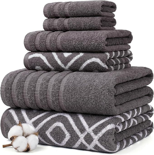 Modern Threads Classic Diamond 6-Piece 100% Cotton Towel Set – Yarn Dyed Jacquard – Includes 2 Bath Towels, 2 Hand Towels, 2 Washcloths – Absorbent, Quick Dry, Soft & Durable – Gray