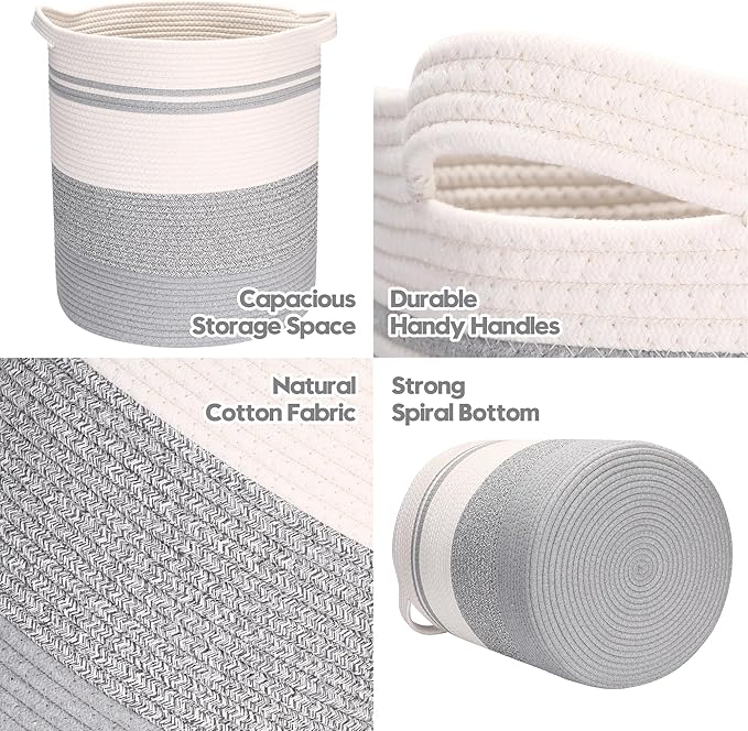 Sea Team Large Size Cotton Rope Woven Storage Basket with Handles, Laundry Hamper, Fabric Bucket, Drum, Clothes Blankets Organizer for Kid's Room, 18 x 20 inches, Round Open Design, White & Grey