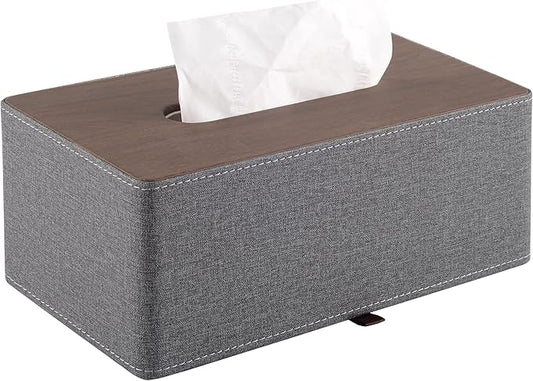 High-end Leather Tissue Box Holder Two Color Matching,Rounded Rectangle Napkin Pumping Paper Case Dispenser, Facial for Home Bathroom Dresser Office Automotive Decoration (Gray)
