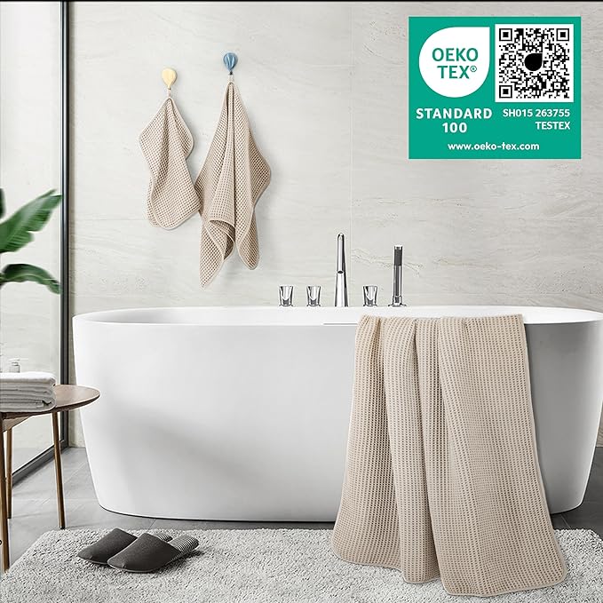 POLYTE 430 GSM Microfiber Quick Dry Lint Free Oversize Bath Towel Set, 6 Piece (Waffle Weave)