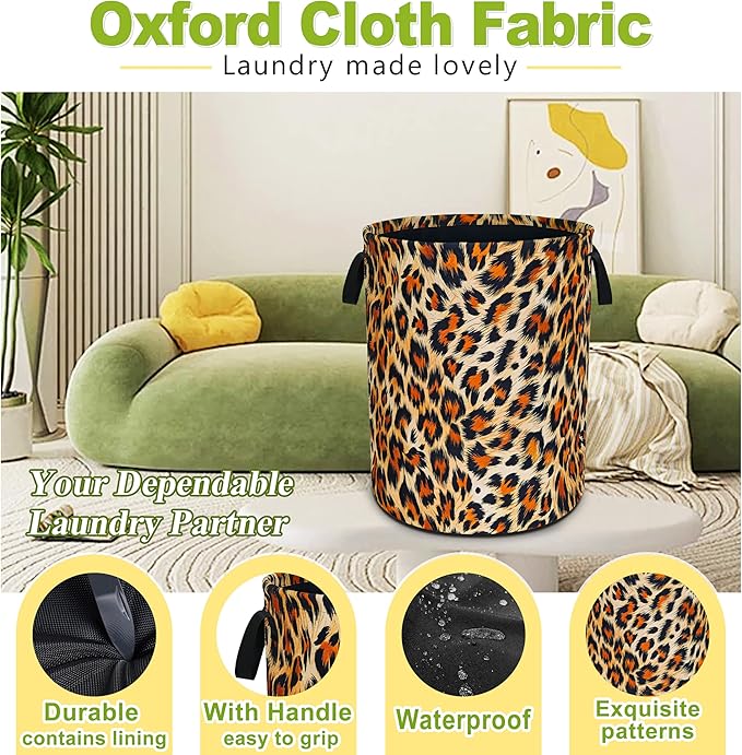 Brown Black Leopard Print Laundry Basket Funny Foldable Waterproof Oxford Cloth Tote Bag Laundry Hamper Large Clothes Storage Bucket Toy Organizer For Bathroom/Laundry Storage/Bedroom 18.9x16.5 Inch