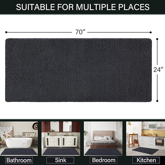 LOCHAS Luxury Bathroom Rug Shaggy Bath Mat 24 x 70 Inch, Washable Non Slip Bath Rugs for Bathroom Shower, Soft Plush Chenille Absorbent Carpets Mats, Dark Grey