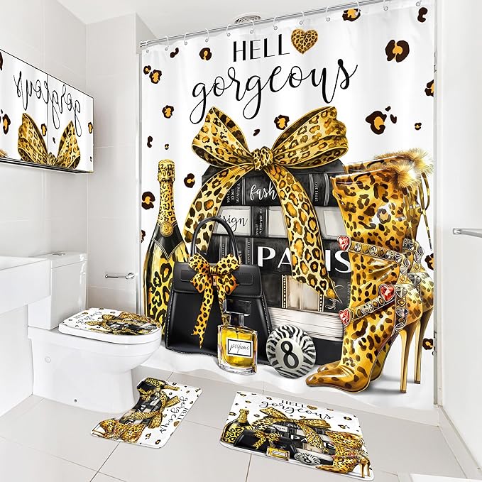 Cinbloo 4Pcs Gold Black Leopard Shower Curtain Set, Luxury Cheetah Bathroom Curtain with Rug, Toilet Lid Cover, Bath Mat, Fashion Magazine Books Perfume High Heels Girly Shower Curtain with 12 Hooks
