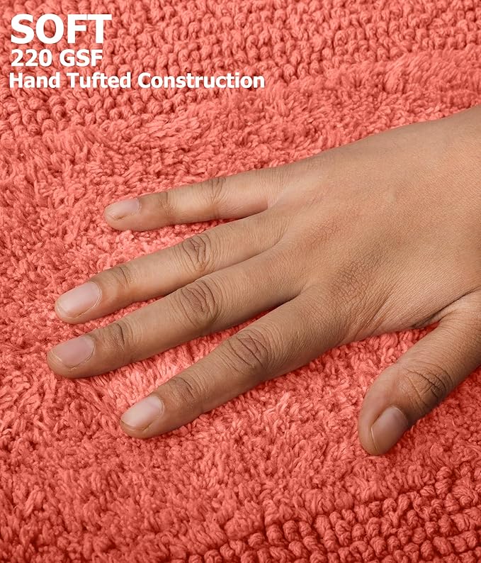 COTTON CRAFT Luxurious Bath Mat Rug - Set of 2 Reversible Heavyweight Step Out Bath Mats for Bathroom Floor, Tub and Shower - Pure Cotton Soft Plush Absorbent Tufted Racetrack Mat - 17 x 24 in - Coral