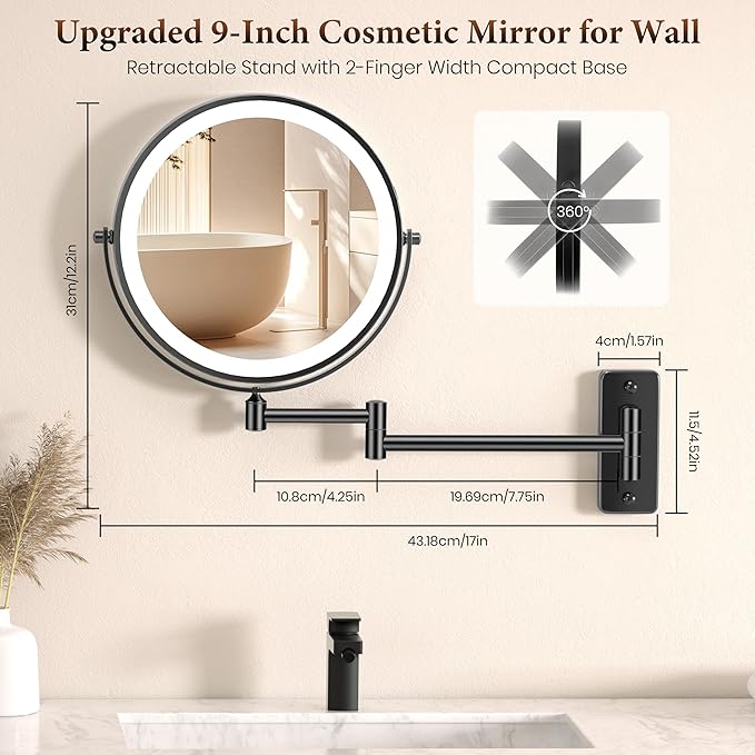 Magnifying Mirror with Lights 1X/20X, 9" Double Sided 5000mAh Rechargeable Wall Mounted Lighted Makeup Mirror, 3 Color LED Lights Dimmable, Wall Mount Mirror 17" arm for Bathroom, Black Brushed Nickel