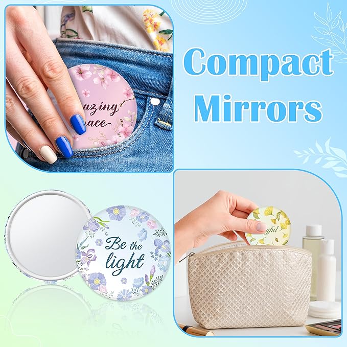 Y1tvei Colorful Floral Mirrors Bulk - 36Pcs Bible Verse Watercolor Flower Inspirational Gift Mini Compact Mirror Portable Round Pocket Makeup Mirror for Women Purse Religious Faith Church Party Favors