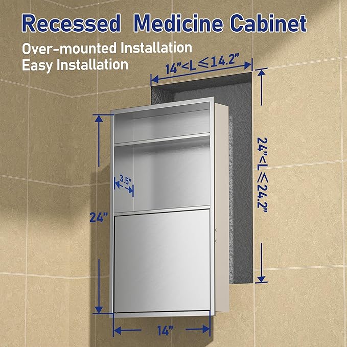 Recessed Medicine Cabinet with Door 24" X 14" Brushed Wall Medicine Cabinets with 3-Tier Shelf 304 Stainless Steel Niche Shower for Bathroom Storage
