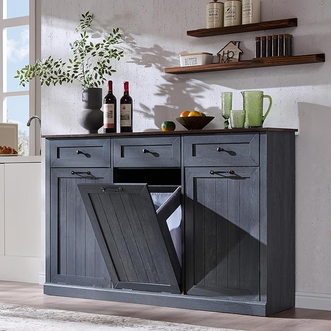 IFBUY Triple Tilt Out Laundry Hamper Cabinet, 20 Gallon Farmhouse Trash Can Cabinet w/Drawer & Adjustable Shelf, Hidden Garbage Can Bin Cabinets w/Laundry Basket for Bathroom, Kitchen (Dark Grey)