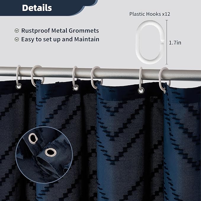 Navy Blue Shower Curtain Fabric Boho Shower Curtain Cloth Textured Tufted Chevron Elegant Shower Curtains Waterproof for Bathroom 72 x 72