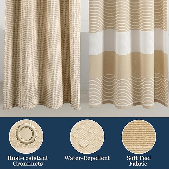 LANE LINEN Luxury Shower Curtain Set for Bathroom - Standard Sized Pack of 2 - Premium Waffle Stripe Fabric - Water Repellent, Quick Dry & Machine Washable - Reinforced Header with Grommets - Beige