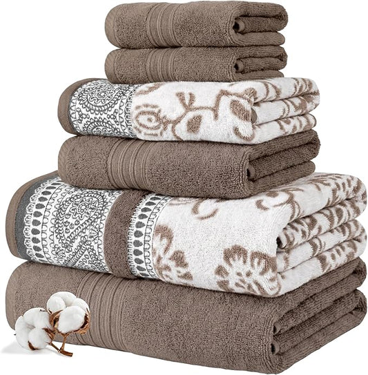 Modern Threads Floral Trail 6-Piece 100% Cotton Towel Set – Reversible Yarn Dyed Jacquard – Includes 2 Bath Towels, 2 Hand Towels, 2 Washcloths – Absorbent, Quick Dry, Soft & Durable – Taupe Brown