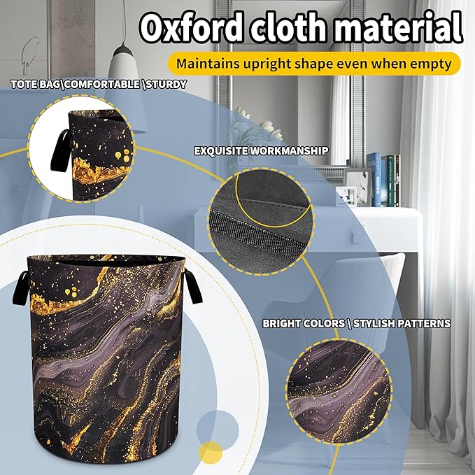 Black Gold Marble Laundry Basket Beautiful Pattern Foldable Oxford Cloth Funny Tote Bag Laundry Hamper Clothes Storage Bucket Toy Organizer For Bathroom/Laundry Storage/Bedroom 18.9x16.5 inch